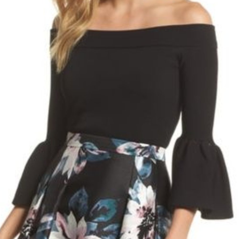 Eliza J Black Off the Shoulder 3/4 Bell Sleeve Stretch Blouse Size Small Mobwife
